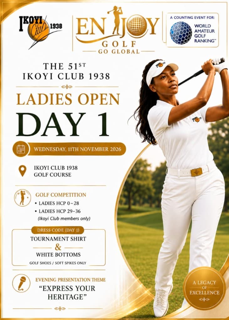 Day 1 — Wednesday 11 November 2026. Ladies Hcp 0–28 and 29–36, tournament shirt and white bottoms, Express Your Heritage evening presentation.