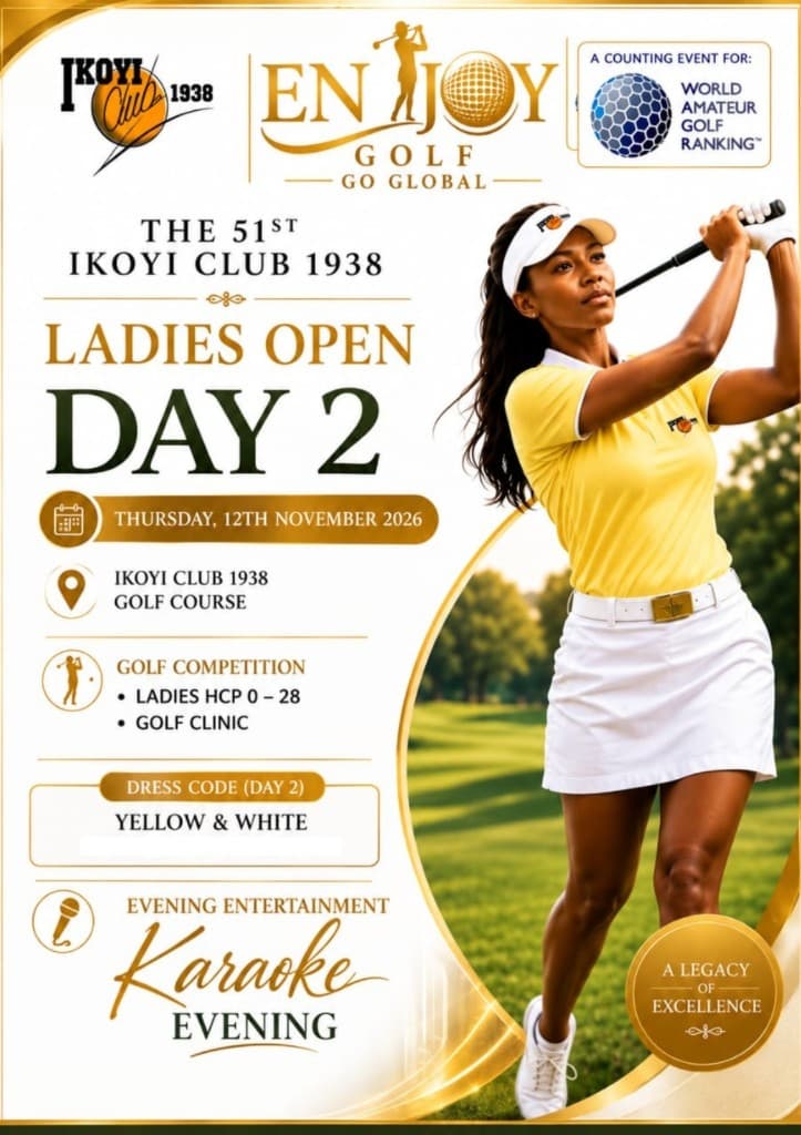 Day 2 — Thursday 12 November 2026. Golf competition, Ladies Hcp 0–28, golf clinic, yellow and white dress code, Karaoke evening.