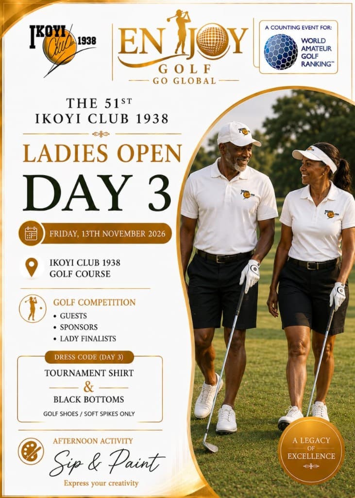 Day 3 — Friday 13 November 2026. Guests, sponsors, and lady finalists. Tournament shirt and black bottoms. Sip & Paint afternoon activity.